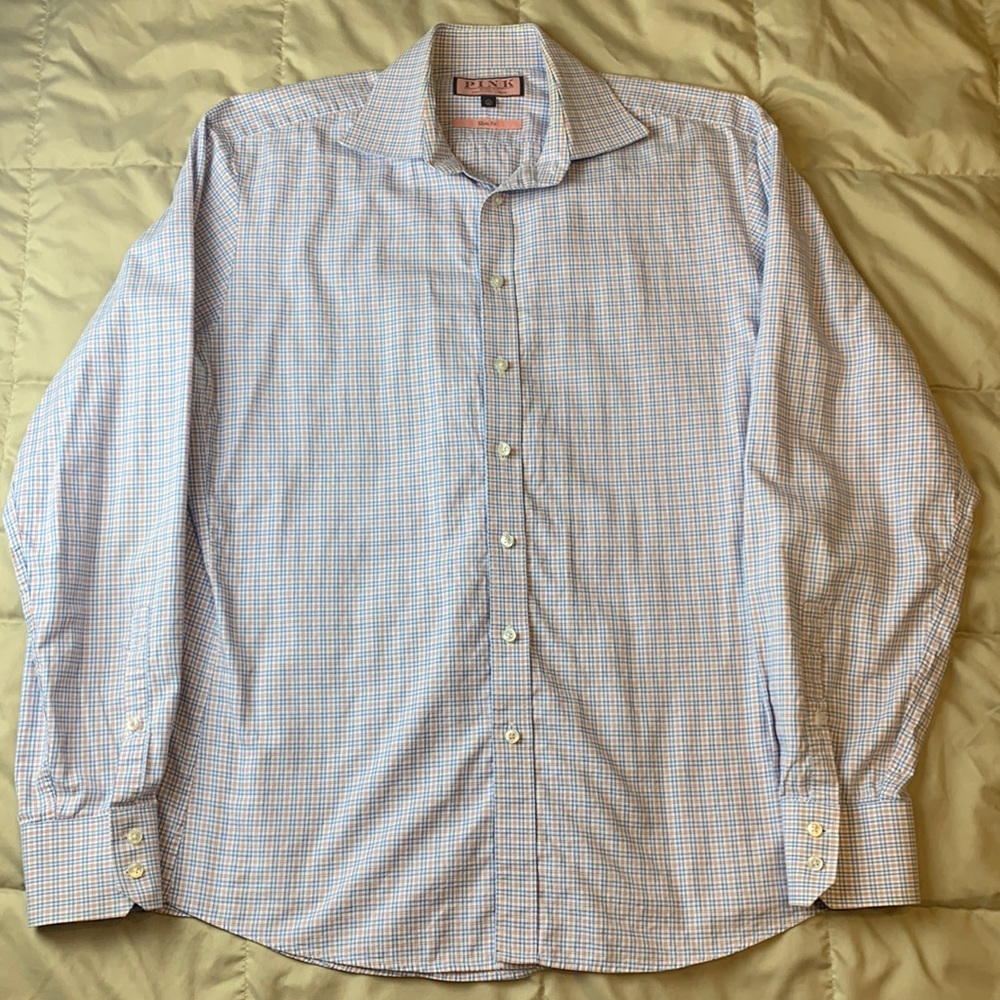Thomas Pink Mens Button Down Plaid long Sleeve Dress Shirt 16 41cm Slim Fit